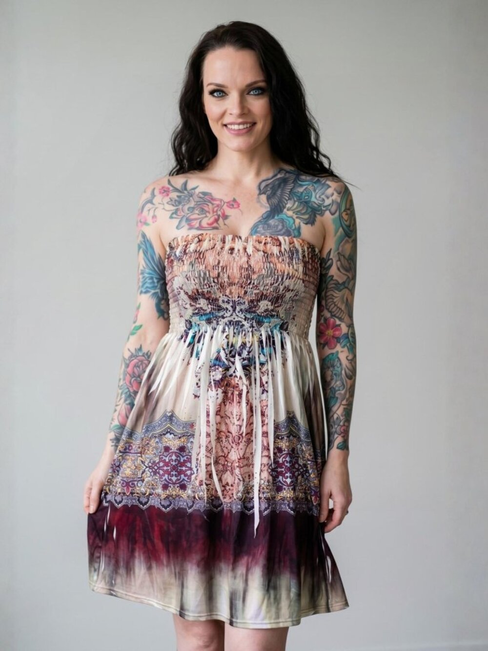 Cristina Love ✦ Strapless Boho Mini Dress ✦ Smocked Bodice Rhinestone Accents M